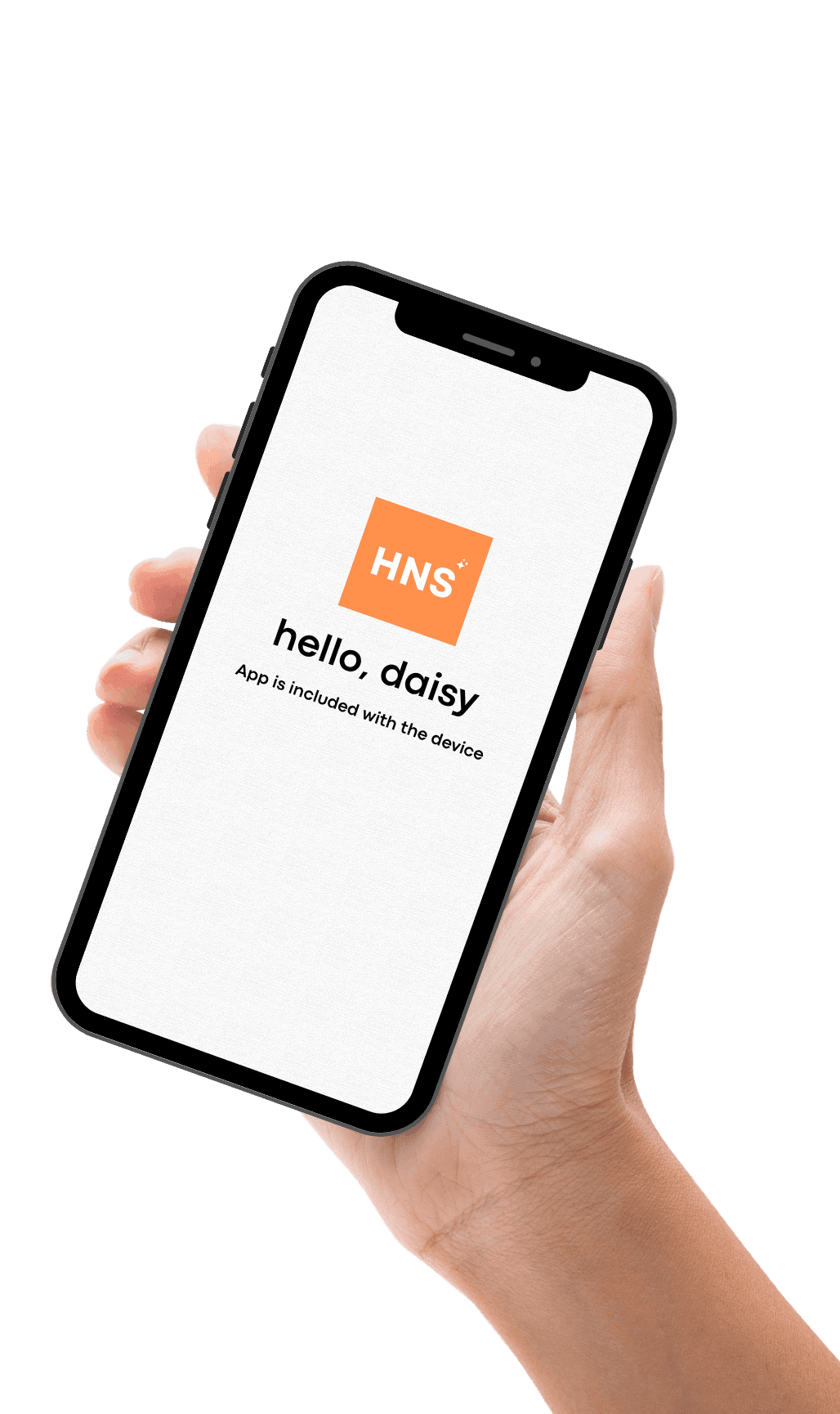 Hand holding a phone with the HandsOnSync app